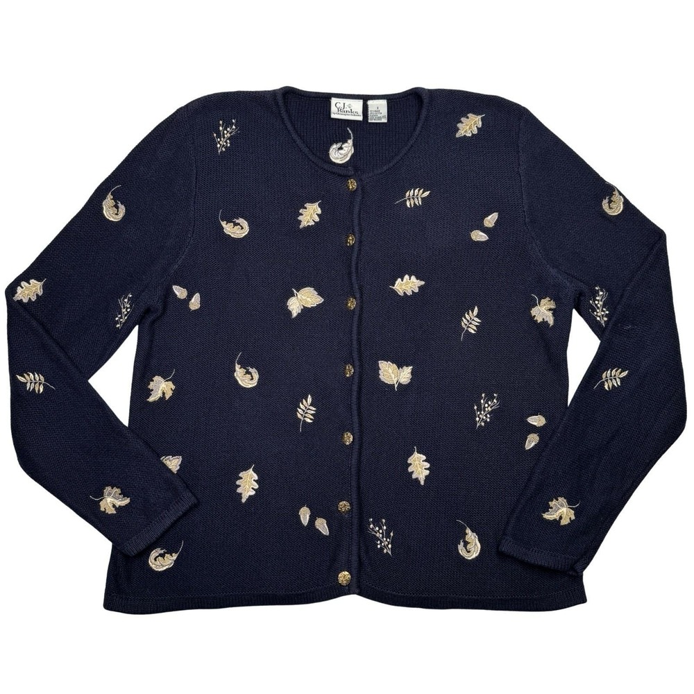 Vintage CJ Banks Leaf Embroidered Cardigan Sweater XL Navy Blue Cottagecore Fall